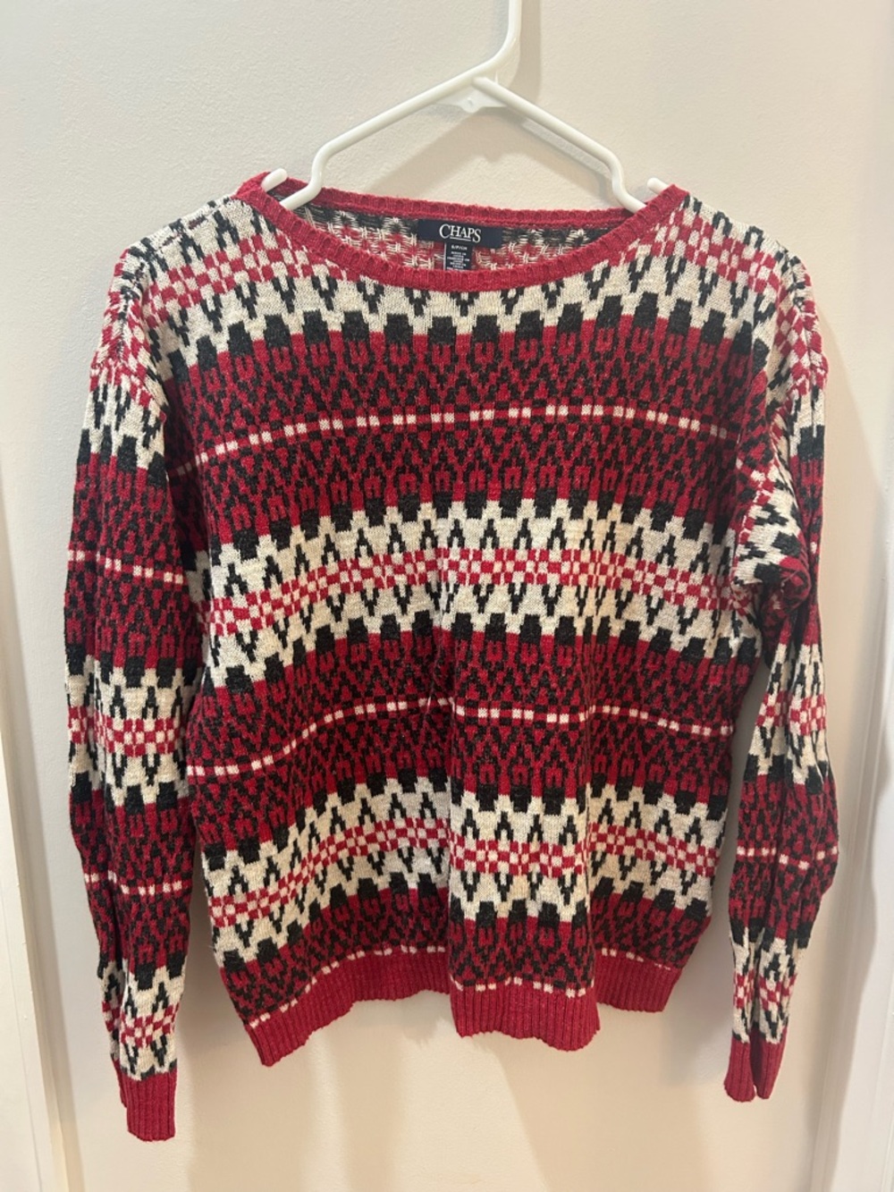 Chaps Women's Red, Black & Cream Fair Isle Crewneck Sweater